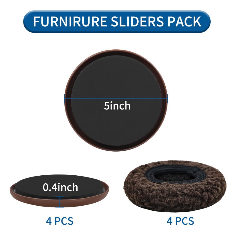 Kayzn 5"" Furniture Sliders, 2-in-1 Furniture Movers Sliders with Hardwood Socks, 4+4 Pack - 4 Furniture Sliders for Carpet and 4 Hardwood Socks, Move Your Furniture Easily! - Image 2